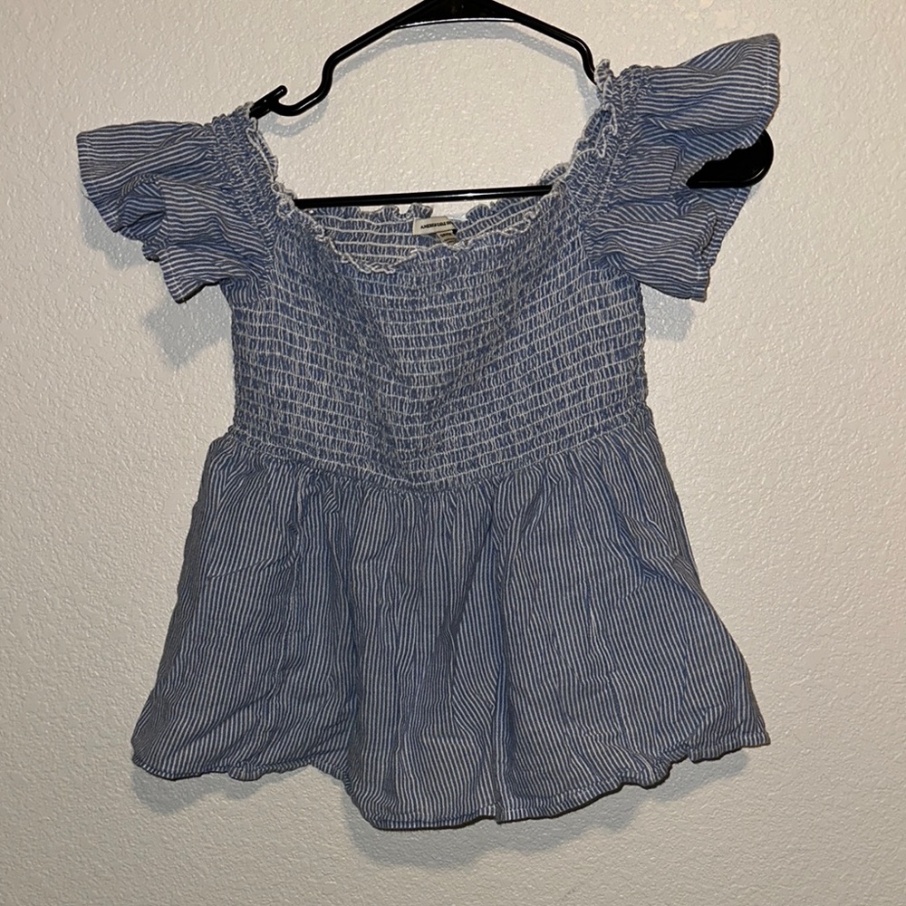 American Eagle Outfitters Blue Smocked Flutter Sleeve Blouse